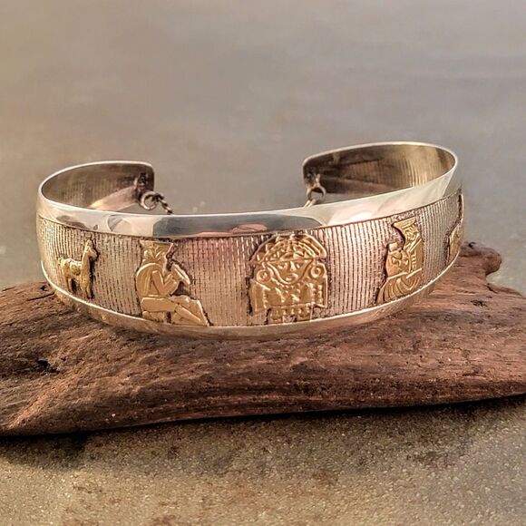 Vintage Sterling & 18k Yellow Gold Peruvian Inca Cuff Bracelet - Picture 2 of 10